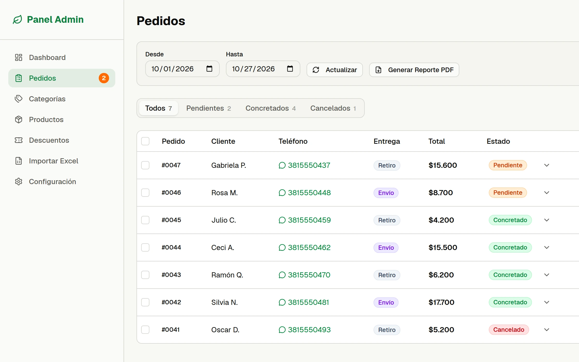 Lista de pedidos de Almacén Don Tito en el panel: cliente, teléfono, envío o retiro, total y estado