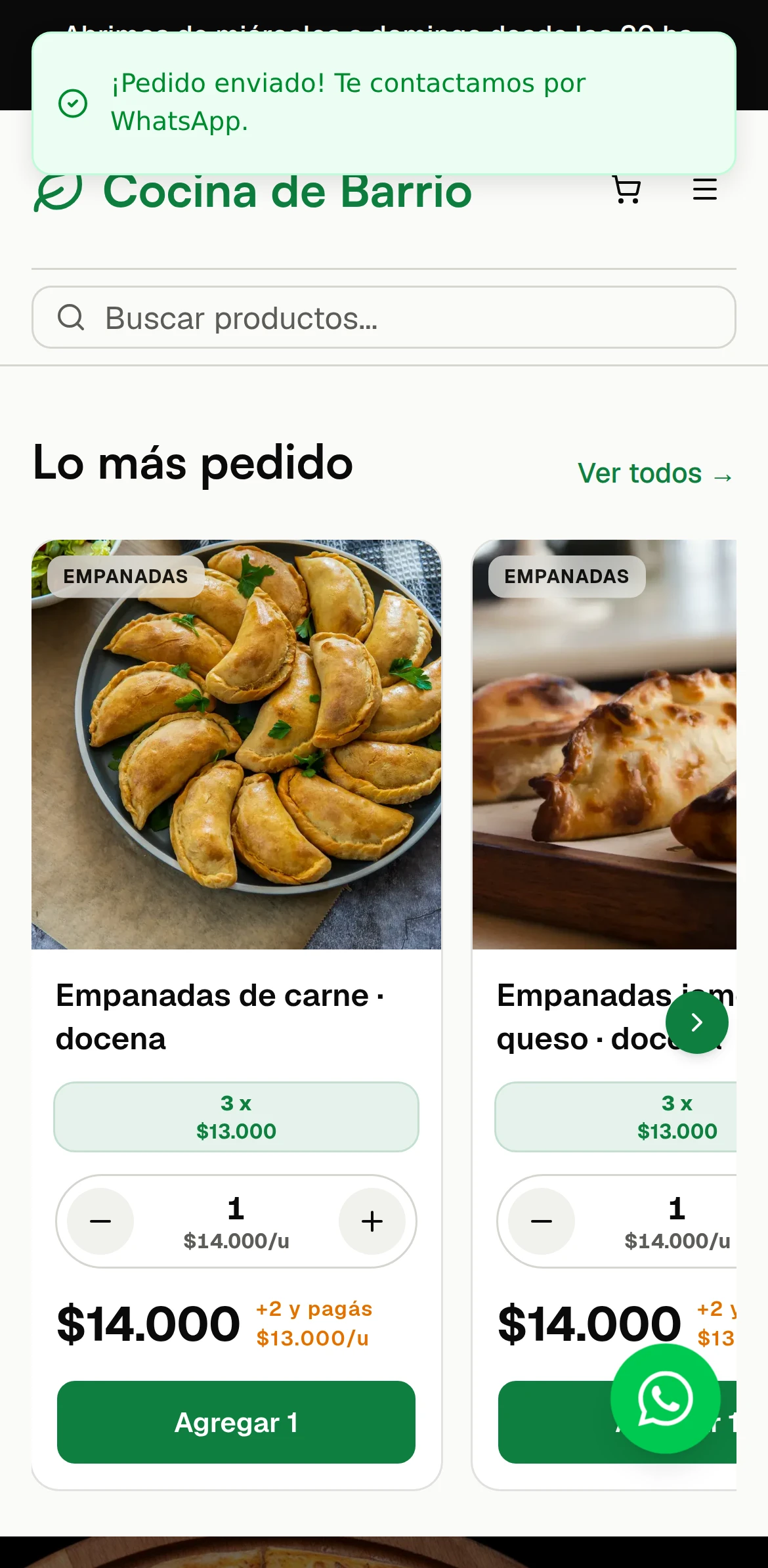 Del lado del cliente: aviso de pedido enviado en Cocina de Barrio, el pedido se abre en el WhatsApp de la tienda