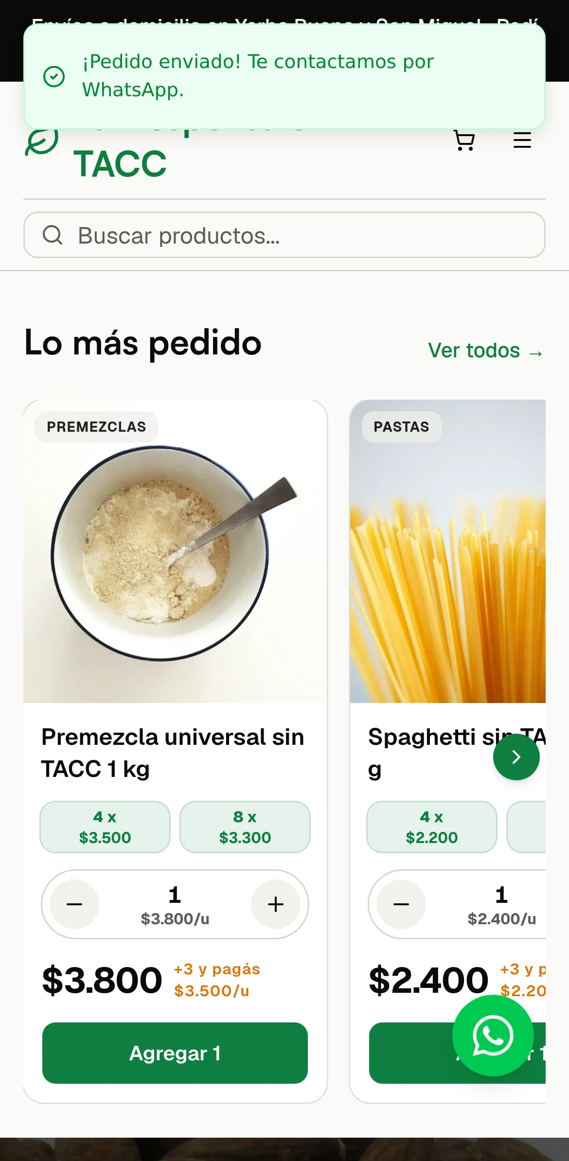 Del lado del cliente: aviso de pedido enviado en La Despensa Sin TACC, el pedido se abre en el WhatsApp de la tienda