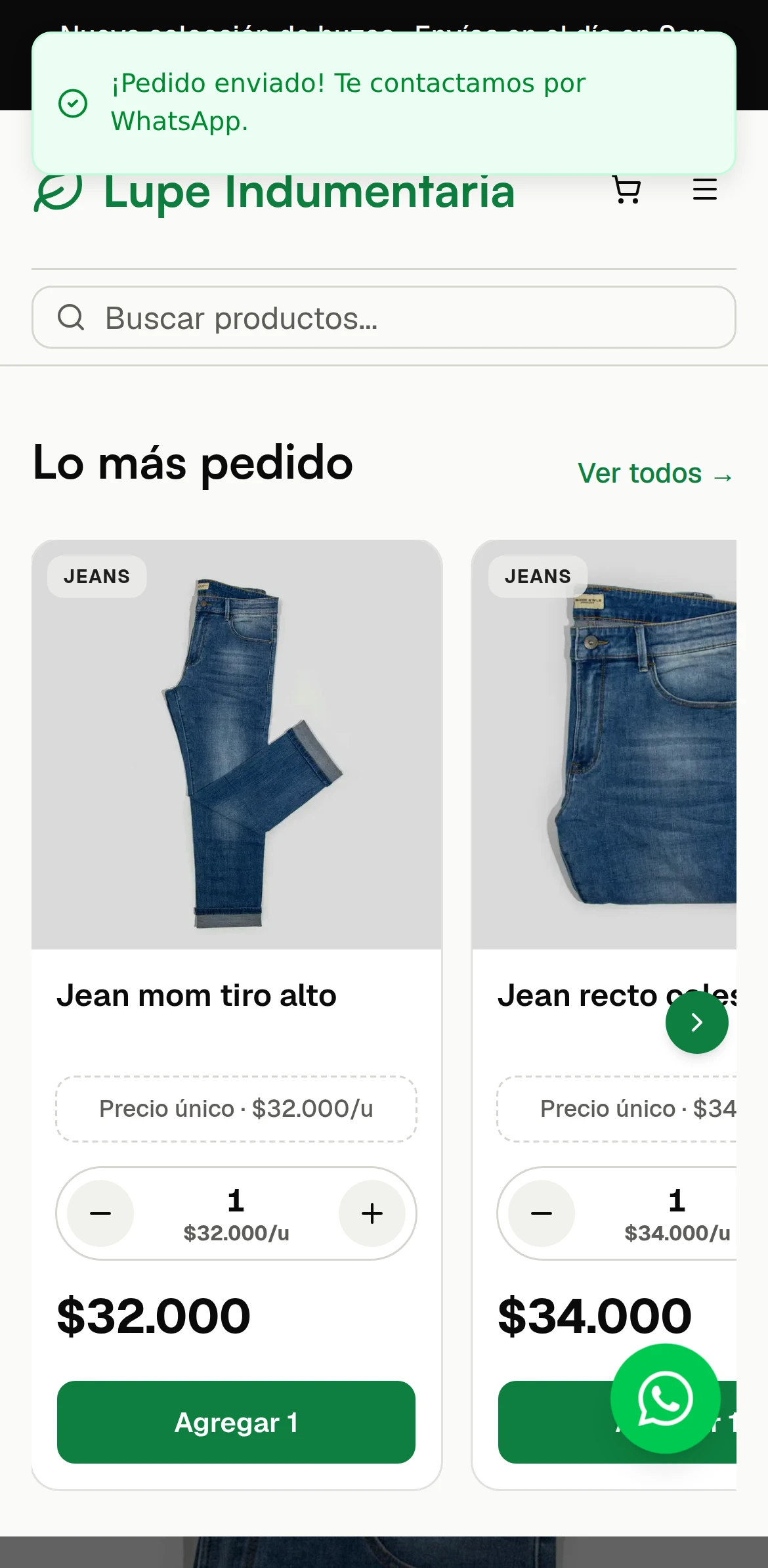 Del lado del cliente: aviso de pedido enviado en Lupe Indumentaria, el pedido se abre en el WhatsApp de la tienda